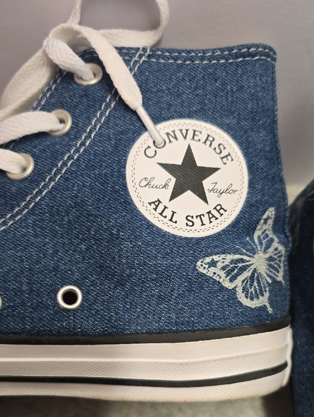 Converse High Top Sneakers in Blue Denim with White Butterfly Accents - Picture 7 of 7